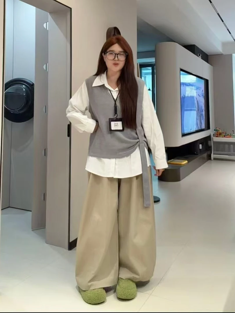 2025秋季新款女装大码百搭休闲慵懒风翻领衬衫马甲阔腿裤