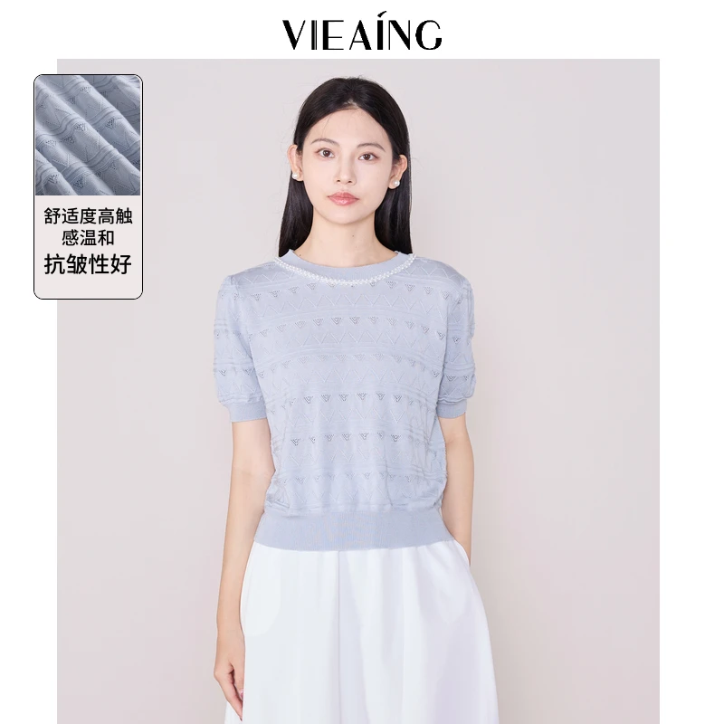 VIEA.ING薇迎2025夏季新款钉珠圆领短袖针织衫BEDA