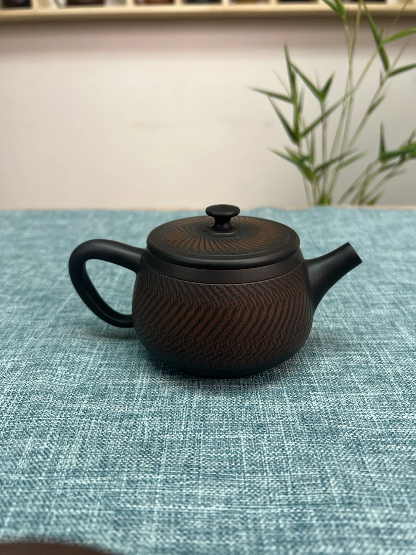 建水紫陶壶 全手工 刻刀纹汉瓦壶 手工雕刻 高端茶具 紫陶 福来陶