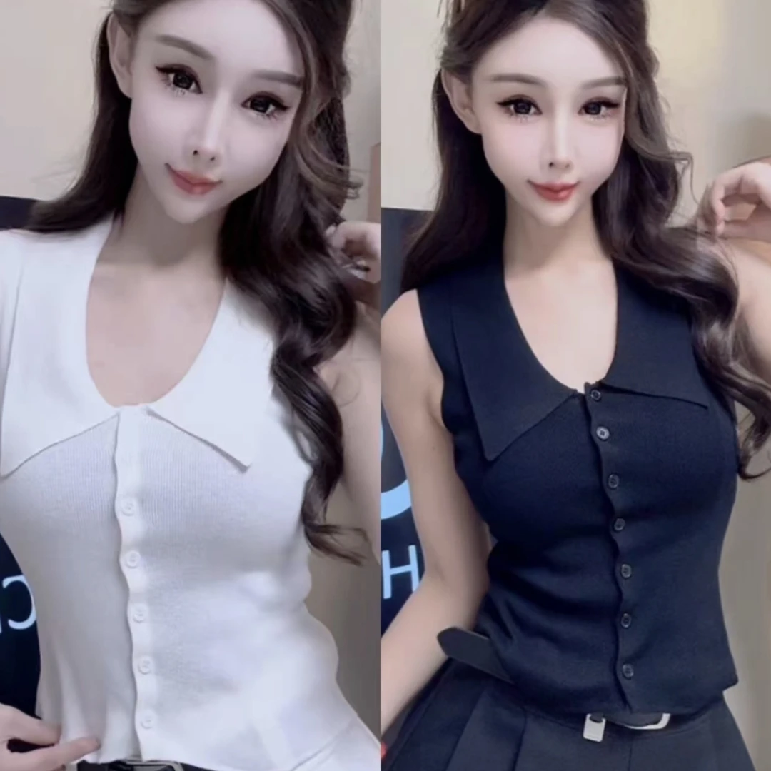 拼接通勤风显瘦女装翻领毛针织衫气质时尚美背百搭上衣修身无袖