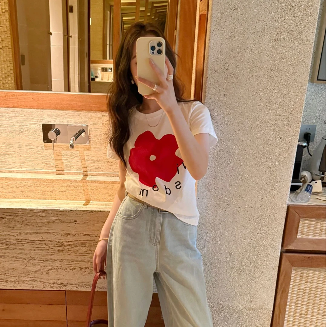 YPP！【小红花】韩系穿搭甜美减龄白色短袖小红花字母印花T恤