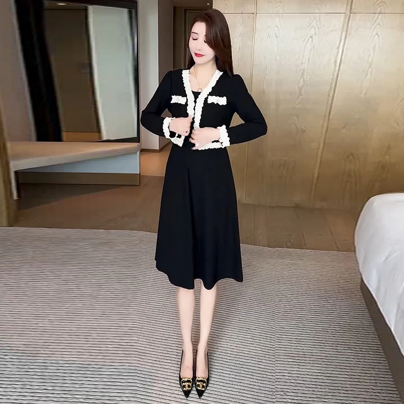 时尚洋气小香风连衣裙套装女2025春夏夏季收腰显瘦背心裙两件套