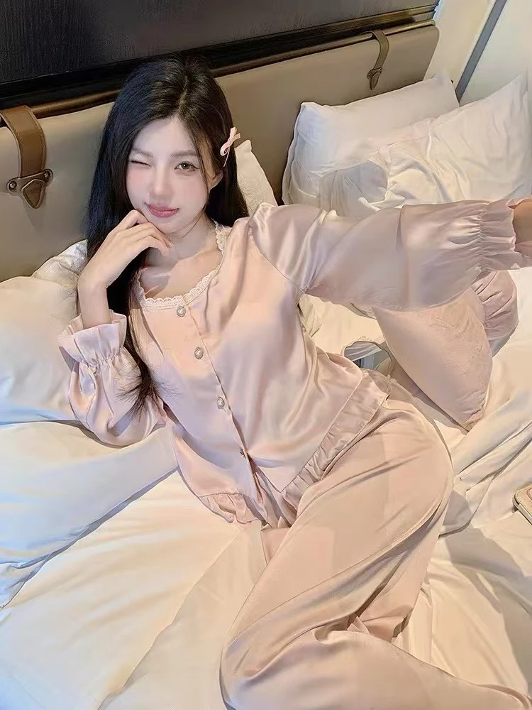 孤品编码【631-680】高级感轻奢家居服缎面丝质睡衣女套装长袖薄款