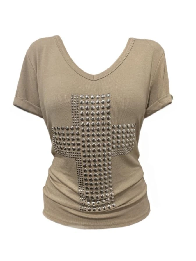 美式复古十字架铆钉v领短袖T恤女夏季新款洋气宽松遮肉显瘦上衣