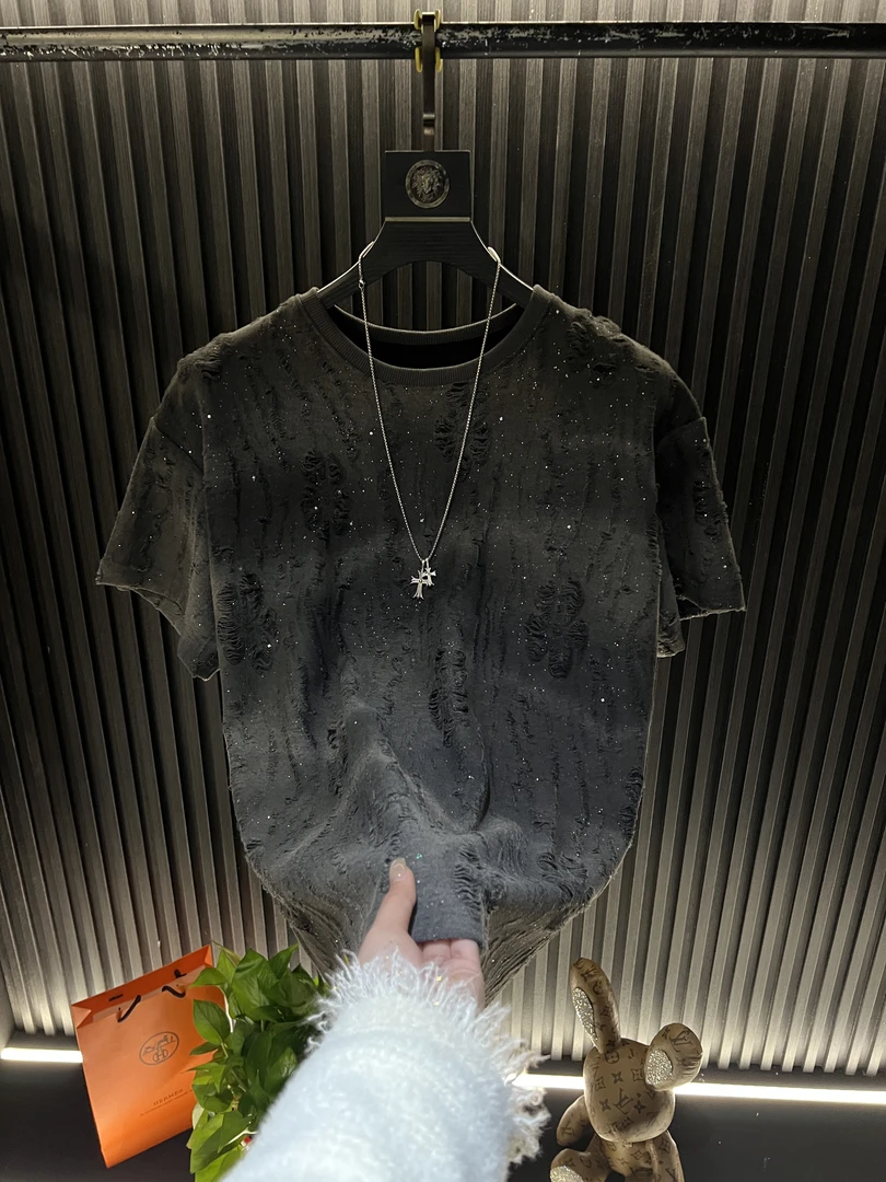 2025夏季爆款新款轻奢高定破洞圆领上衣男士半袖亮片渐变潮流韩版