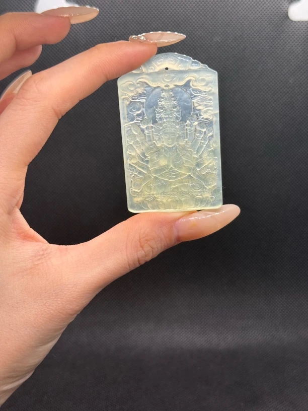 岫玉白冰料生肖守护鼠方牌吊坠手工双面雕刻