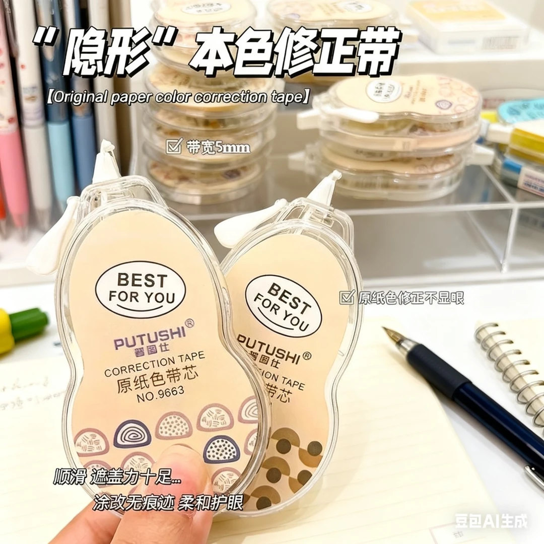 爆款米黄色隐形修正带初中小学生顺滑静音大容量护眼原纸色改正带