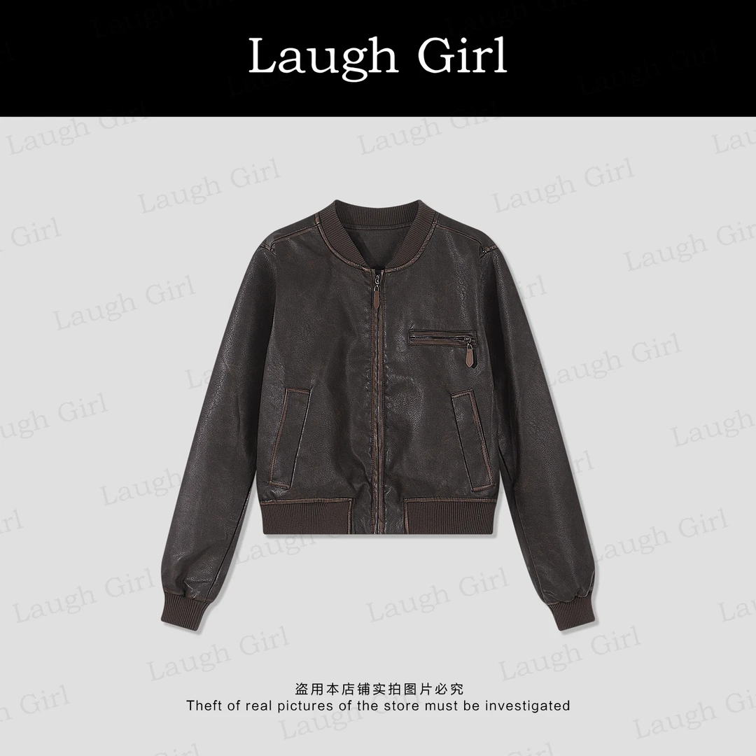 楚楚君Laugh girl【收藏皮衣】圆领酷飒韩版棒球皮衣外套WL53772J