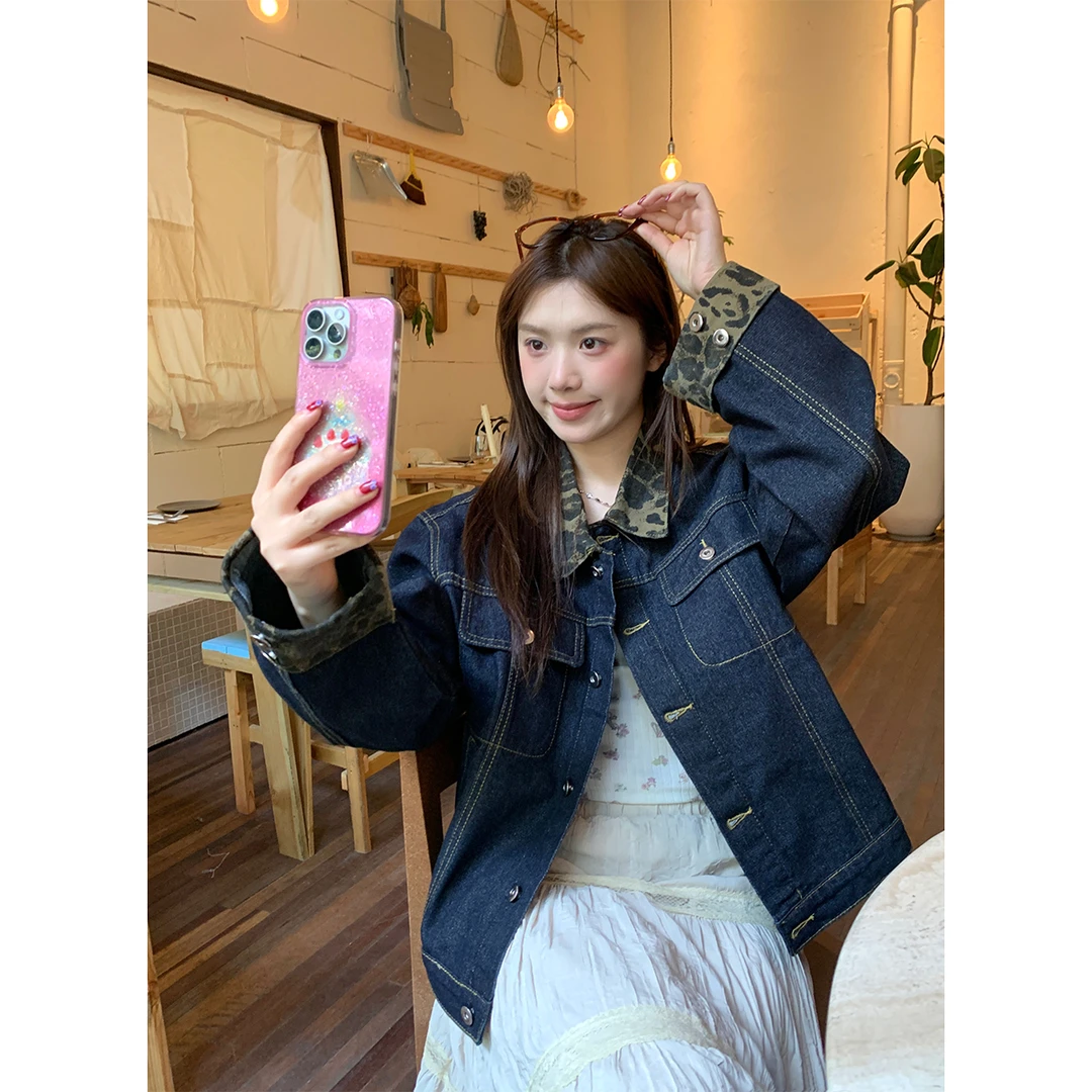 NIDEBLAKCK韩系少女豹纹拼接牛仔外套春季新款宽松慵懒风百搭夹克
