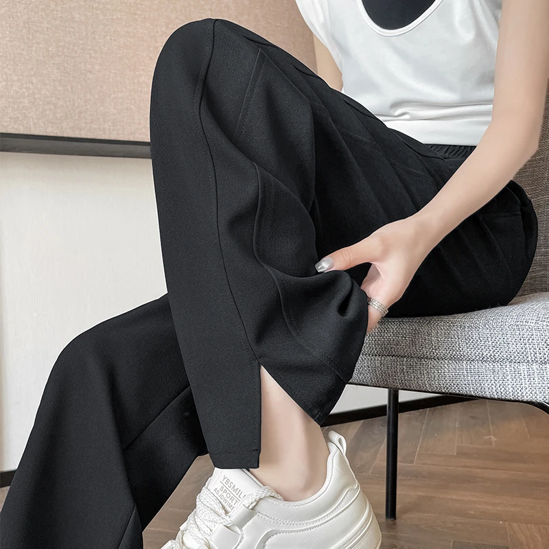 2025夏新款镰刀裤窄版阔腿裤女薄款冰丝休闲大码高腰拖地垂感开叉