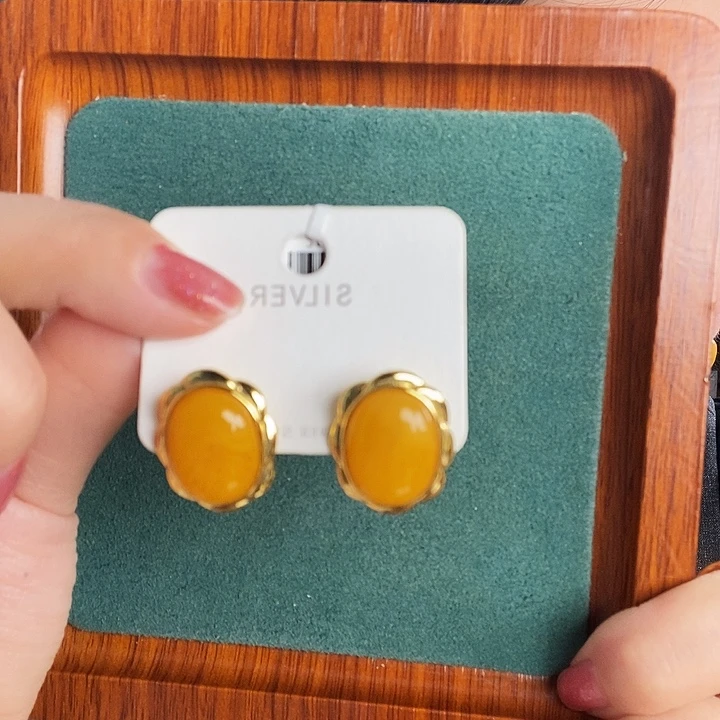 蜜蜡银S925镶嵌耳饰耳钉