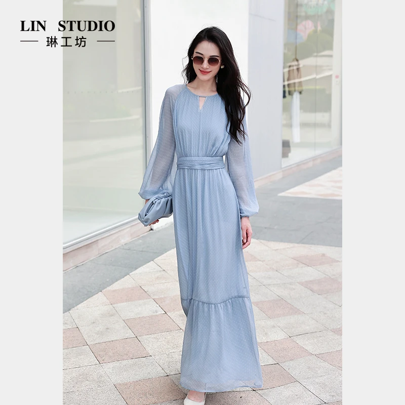 琳工坊“澄清”蓝色连衣裙优雅气质显瘦浪漫时尚温柔唐琳设计师