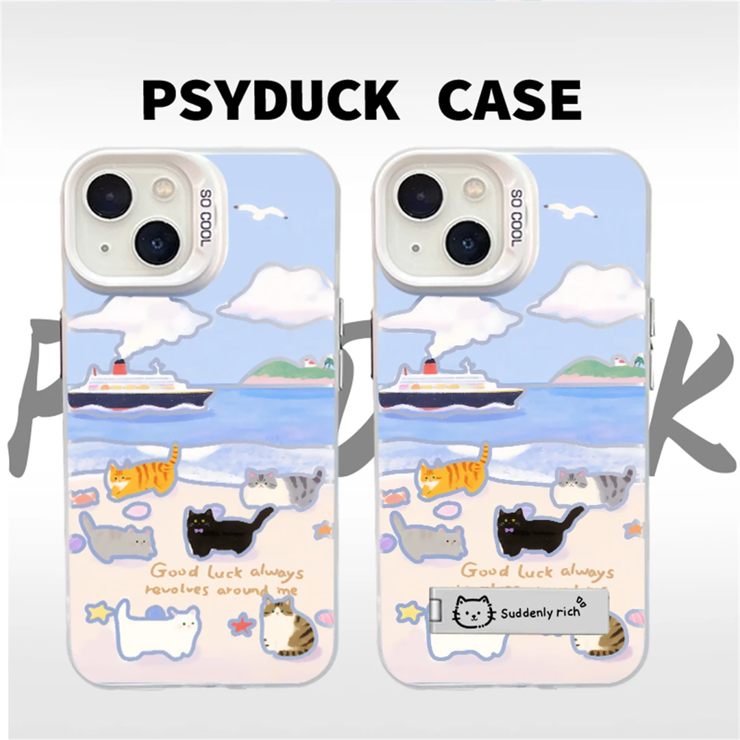 适用苹果华为一加小米沙滩猫咪彩银白底卡通动漫防摔手机壳