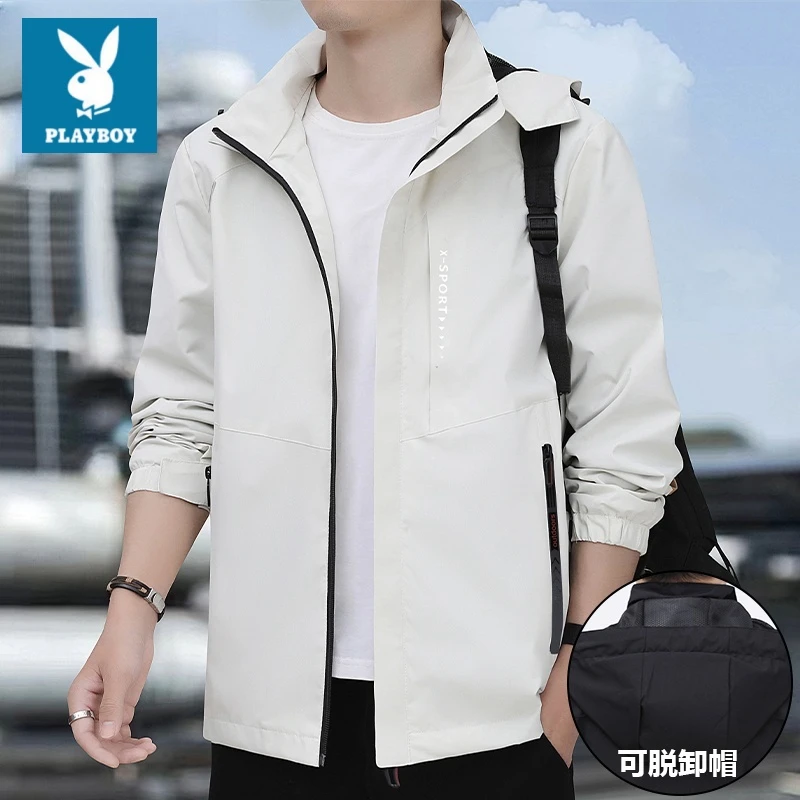 花花公子2025秋季新款米白色夹克外套男生运动美式复古青少年休闲