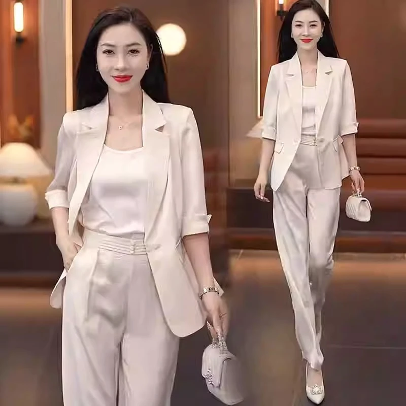 夏季新款时尚气质五分袖西装吊带显瘦阔腿裤三件套休闲西服套装女
