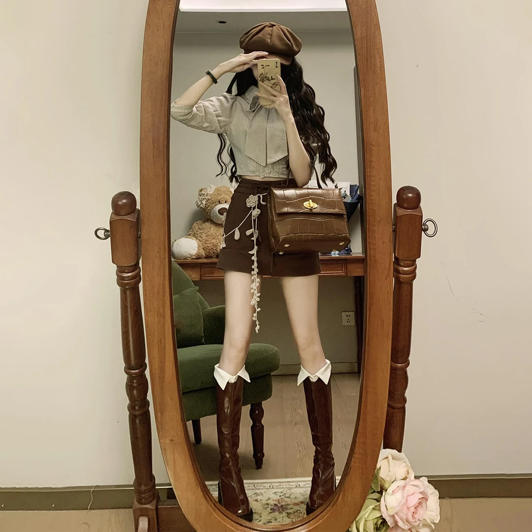 小个子韩系蓝色条纹衬衫套装连衣裙子女夏2025新款早秋穿搭包臀裙