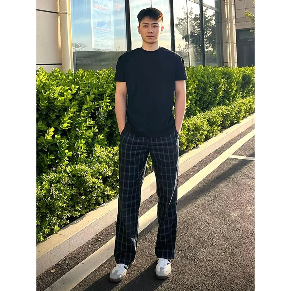 何以至此格子裤子男夏季薄款美式高街直筒微喇裤显腿长休闲运动裤