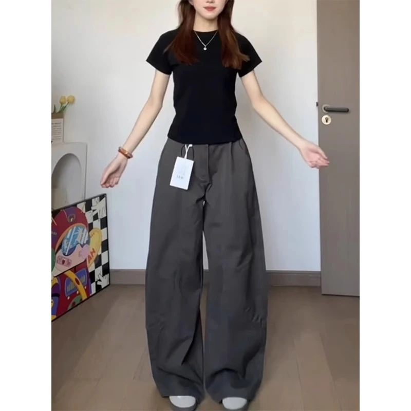 灰色廓形弯刀工装牛仔裤女早秋新款高腰宽松阔腿显瘦直筒拖地裤子