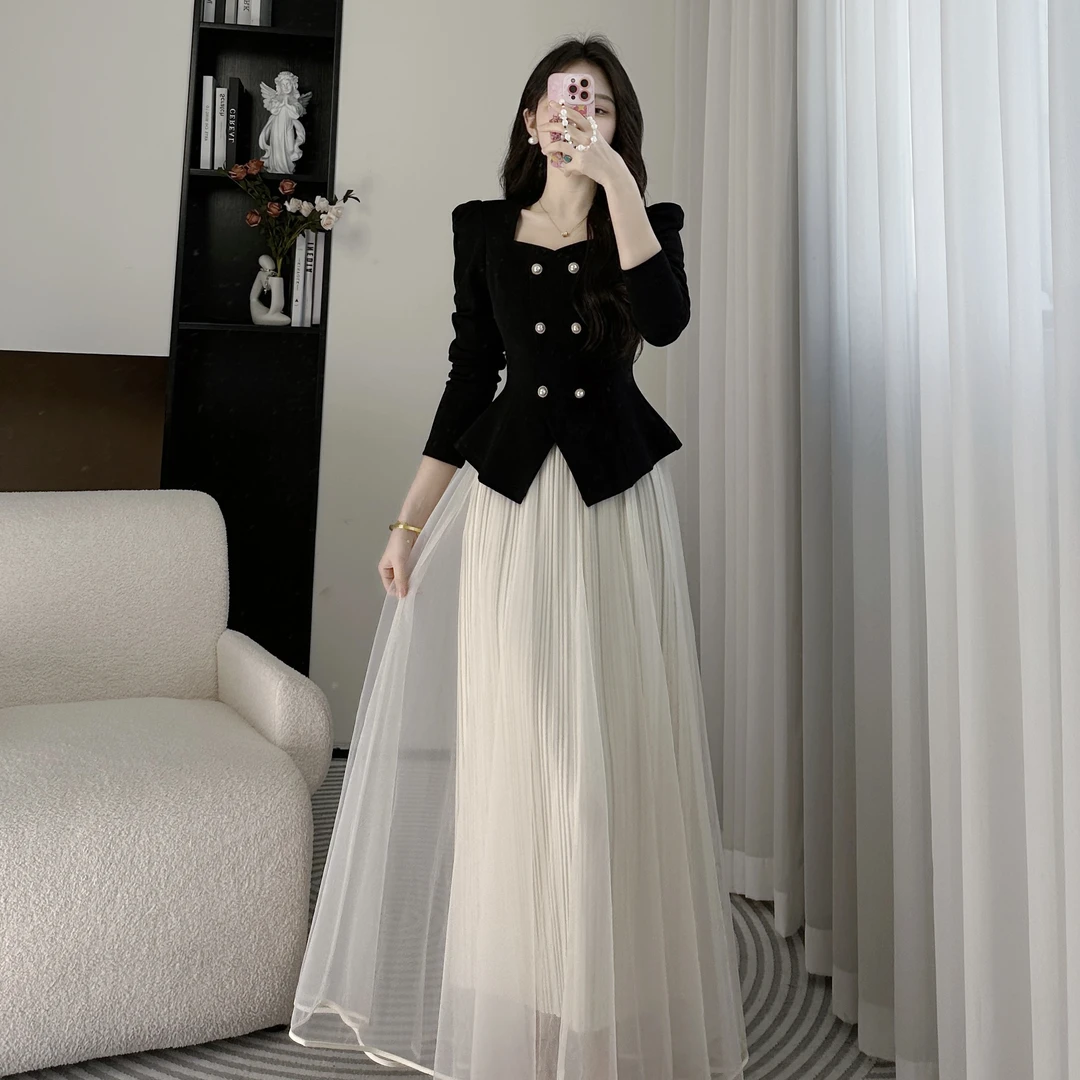 拉夏贝尔/25秋法式小香风显瘦气质复古方领上衣+纱裙 10319 LHD