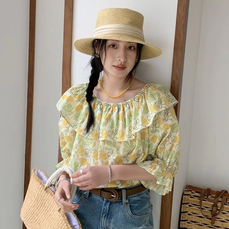 2025夏季新款法式荷叶领减龄短袖碎花上衣女夏设计感小众洋气宽松