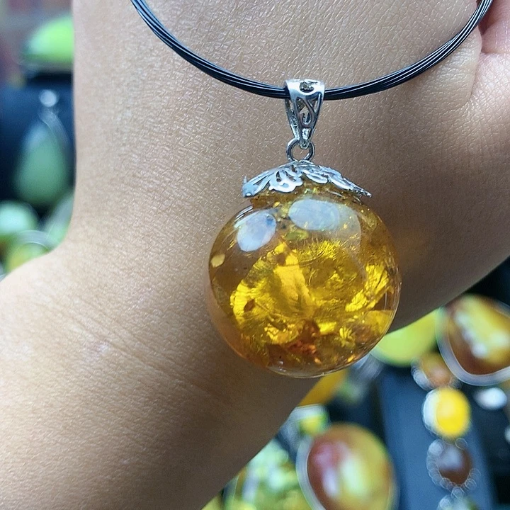 琥珀裸石银S925镶嵌坠
