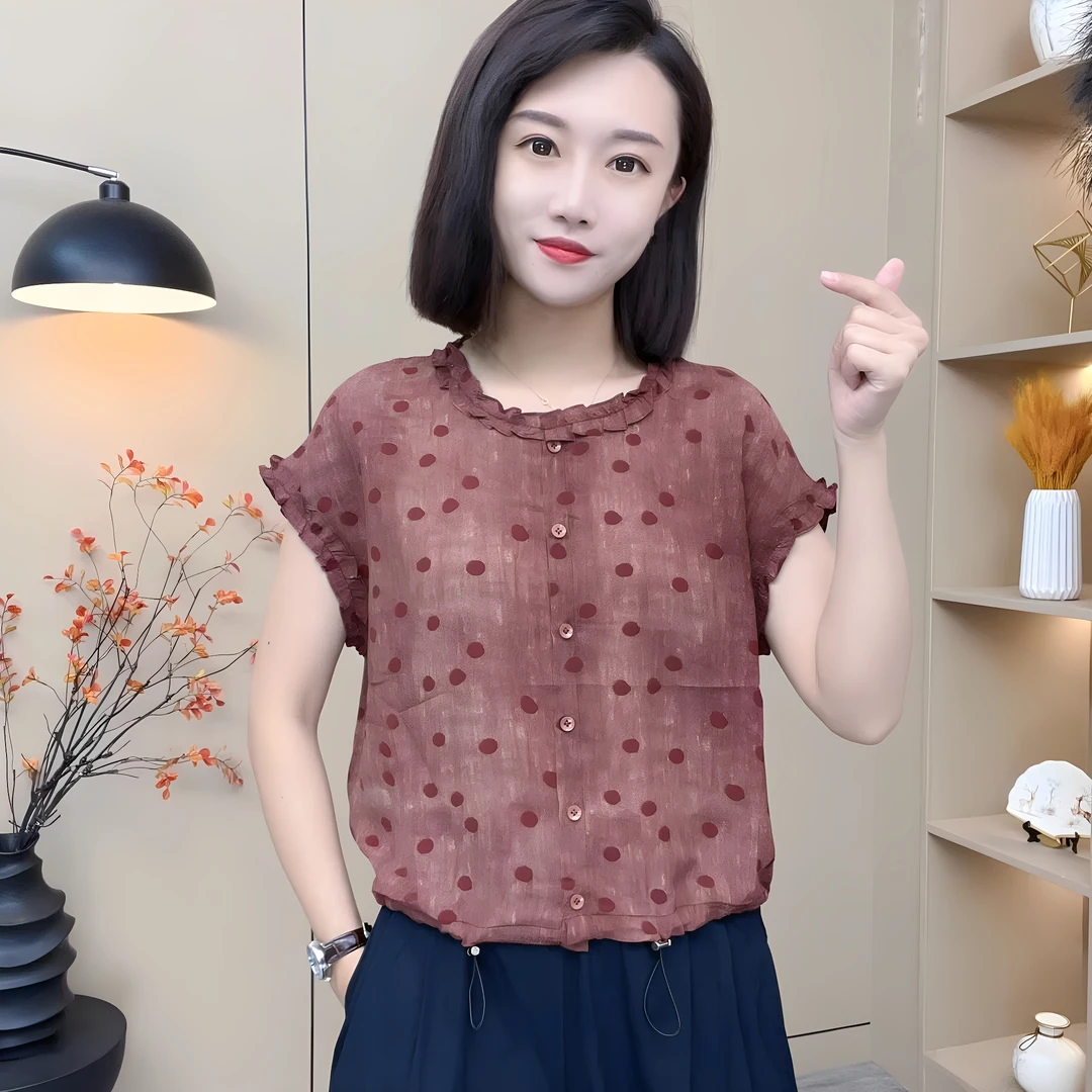 夏季新款洋气短袖T恤百搭花边抽绳波点小衫气质减龄显瘦女士上衣