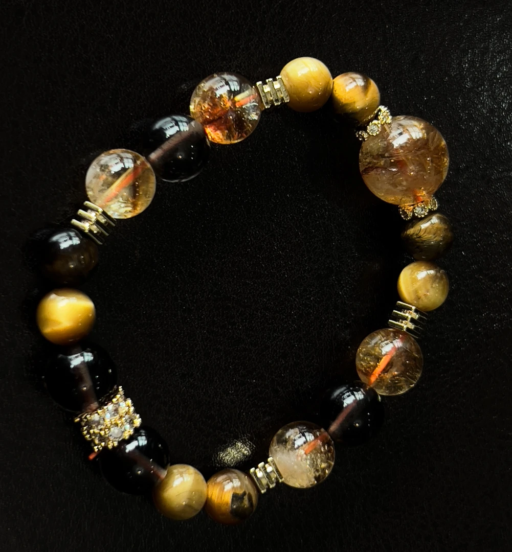 「日辉斗金」「冰耀石黄塔晶黄金虎眼」「财」天然水晶手串