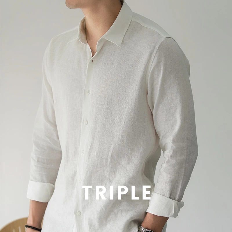TRIPLE老钱风90亚麻衬衫上衣松弛慵懒感简约度假长袖透气男女春夏