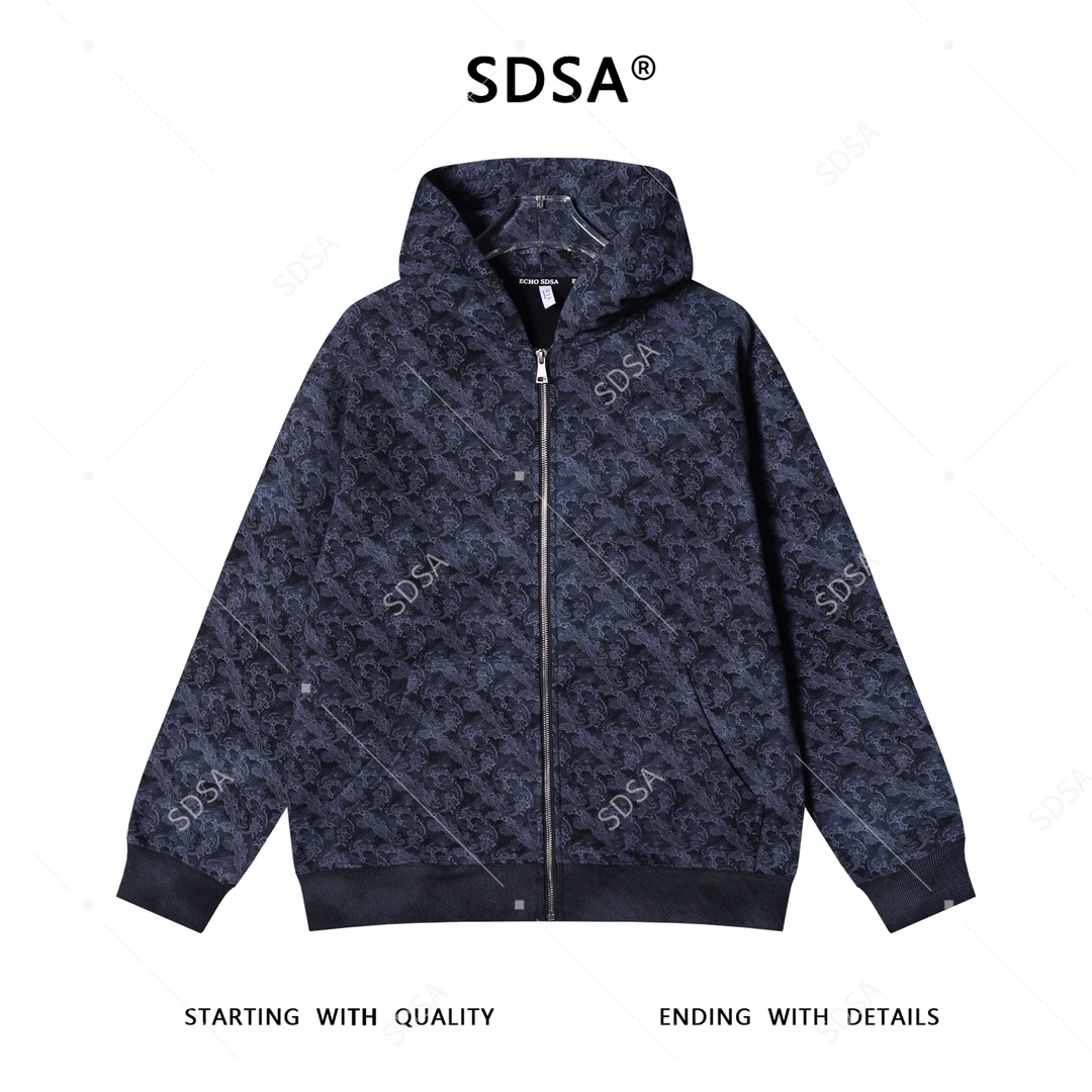 SDSA男士秋冬新款痞帅男装国潮满印花卉拉链连帽卫衣百搭开衫外套