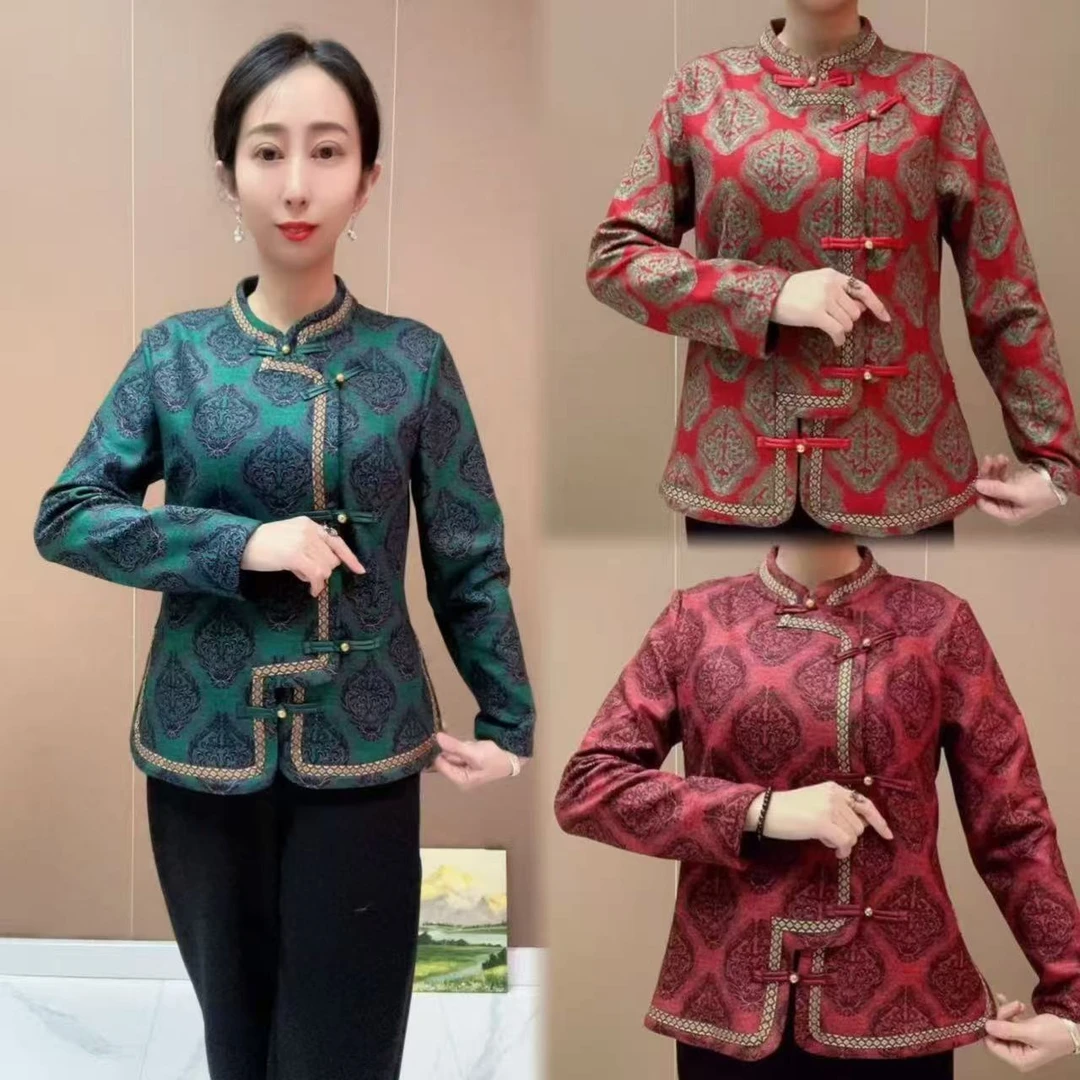 新款妈妈中式复古风斜巾盘口加厚上衣