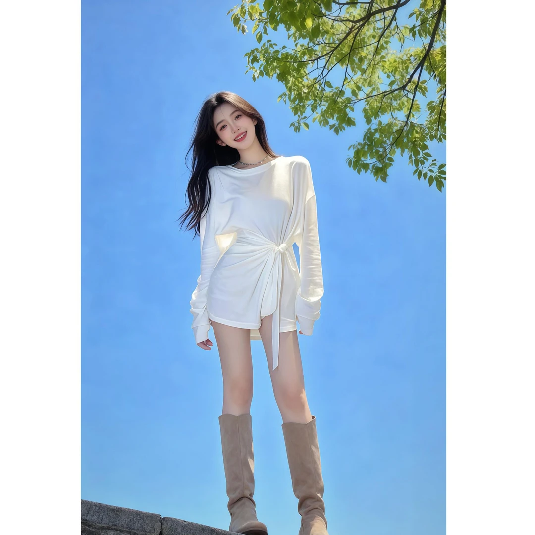 2025秋季新款圆领长袖扭结绑带T恤裙设计感裙子纯欲辣妹风穿搭女
