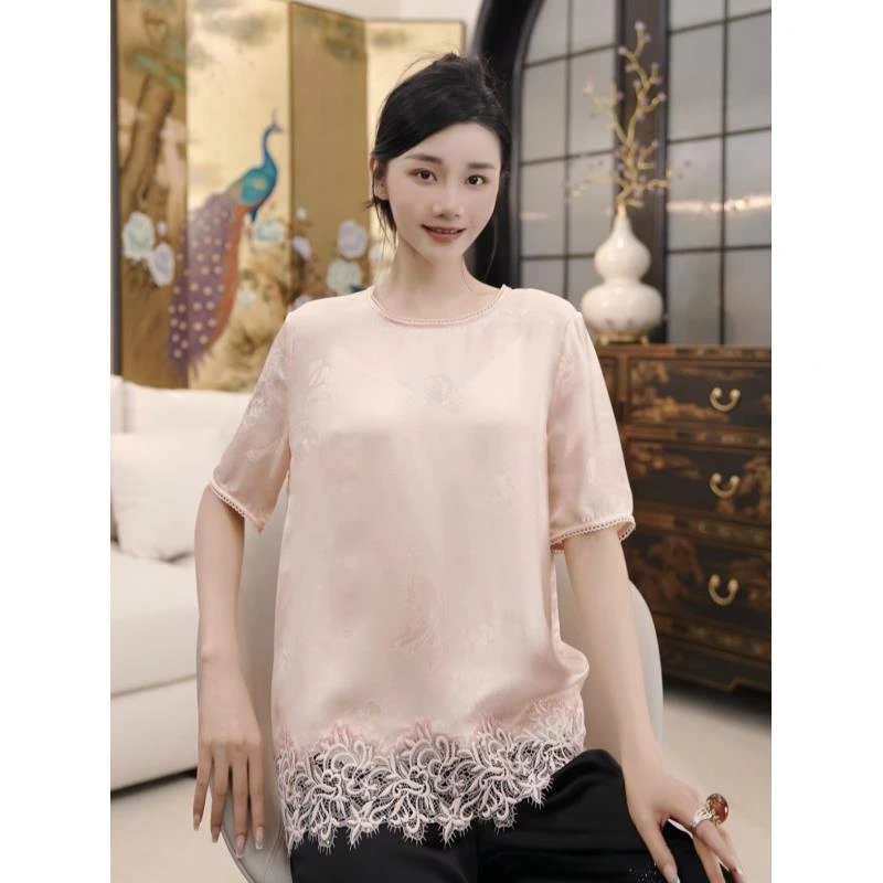 Betty Bairn【芙萝】新中式桑蚕丝拼蕾丝上衣25B-BW10009