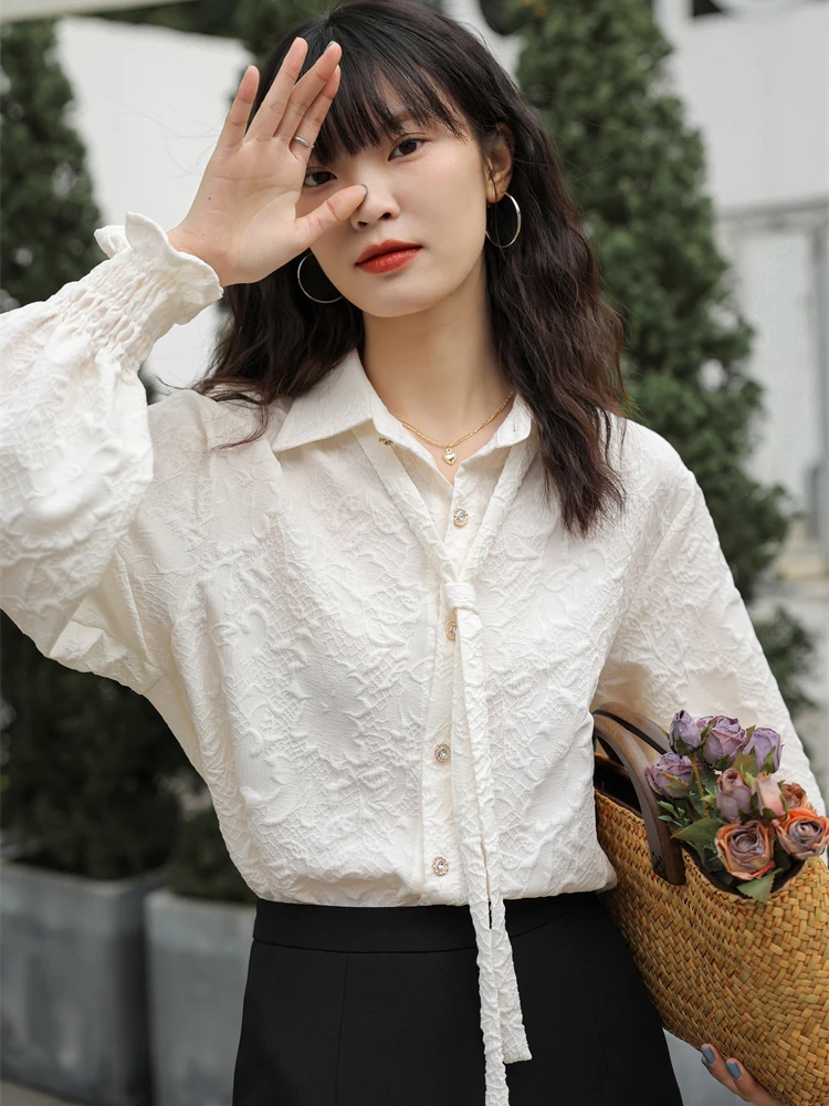 法式复古白色飘带长袖衬衫女2025早春新款高级感衬衣内搭通勤上衣