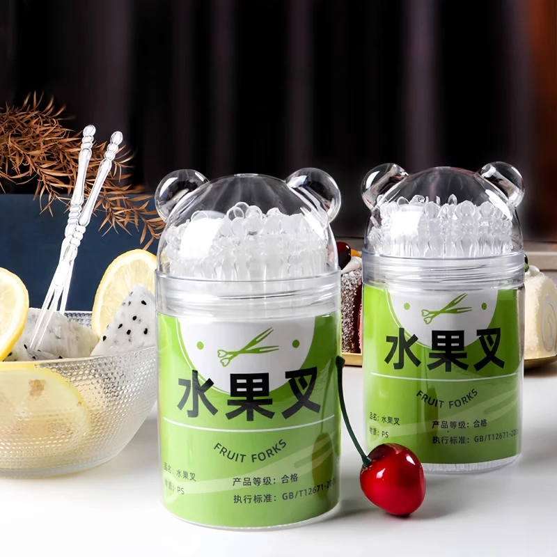 家用级水果叉子一次性瓶装塑料透明水果蛋糕甜品水果签家用小叉子