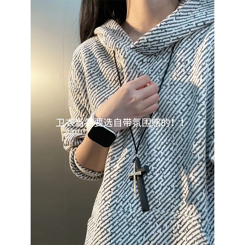 小香风斜条纹连帽卫衣男款秋冬潮牌重磅硬挺情侣美式cleanfit外套