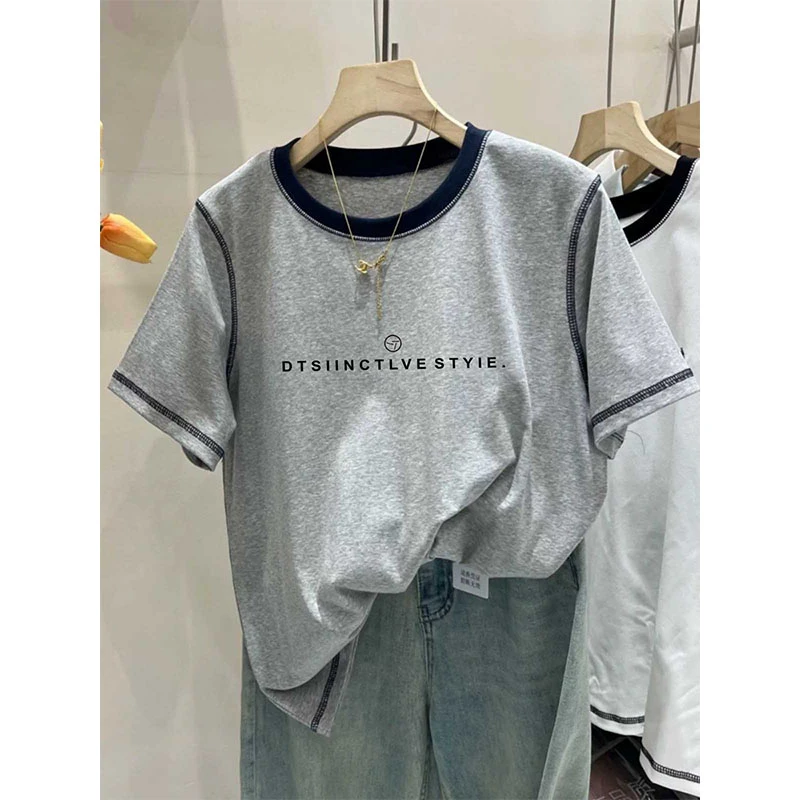 高级感明线灰色t恤女2025新款爆款正肩拼色休闲时尚百搭上衣潮牌