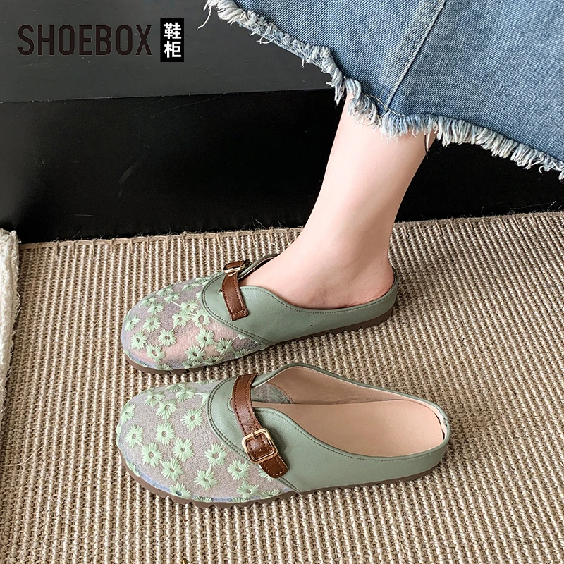 SHOEBOX鞋柜一脚蹬懒人鞋女2025夏季新款网面包头半拖鞋渔夫鞋