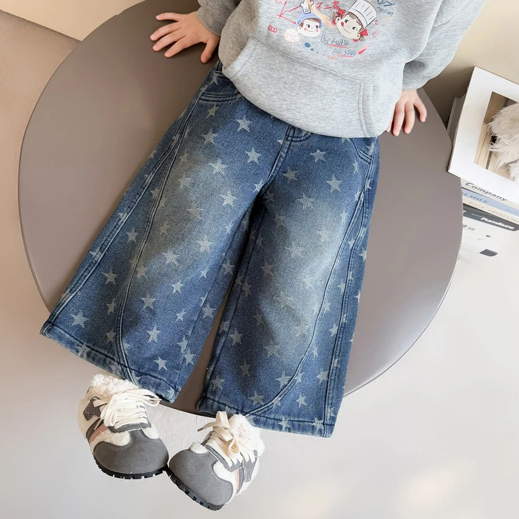女童加绒牛仔裤冬季新款韩版洋气时髦星星印花直筒裤女宝冬款长裤