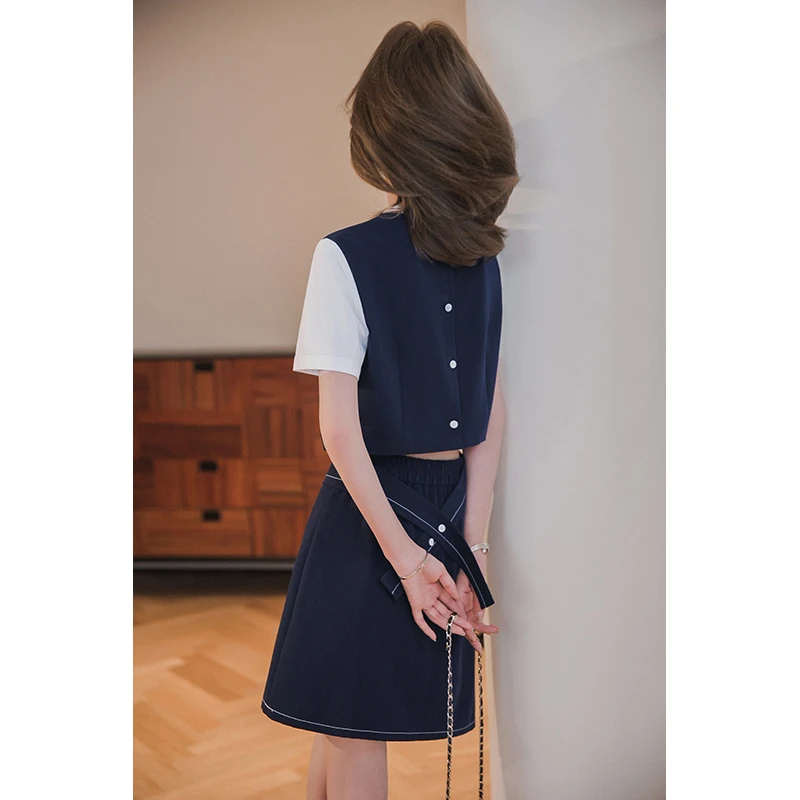 小谷粒【牧野套装】假两件系带上衣A字半裙 撞色明线装饰 工装感