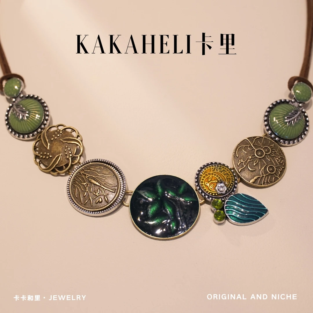 钛钢项链 绿色复古古风拼接圆盘吊坠项链 A164