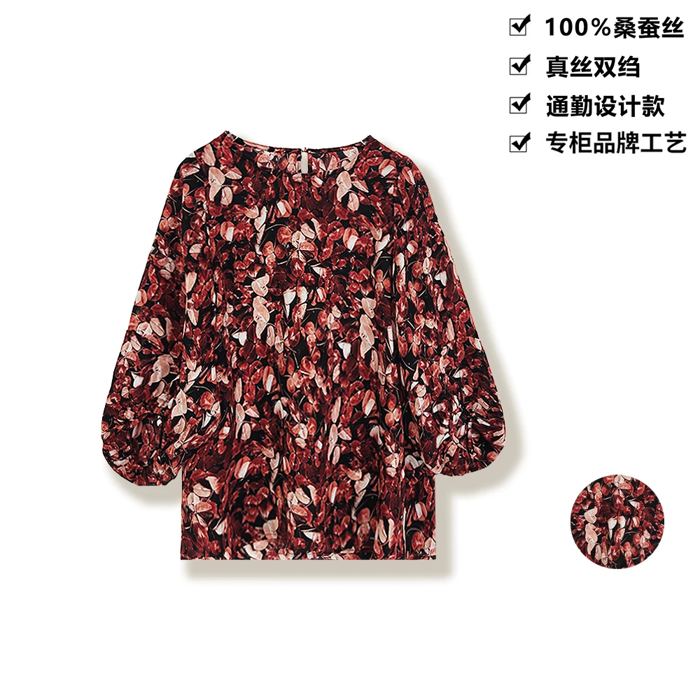 100桑蚕丝真丝小衫露珠花朵复古优雅圆领灯笼袖桑蚕丝上衣DLX218