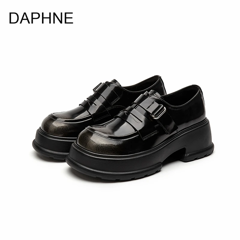 达芙妮简约增高乐福鞋女2025春季新款时尚气质百搭黑色真皮单鞋女