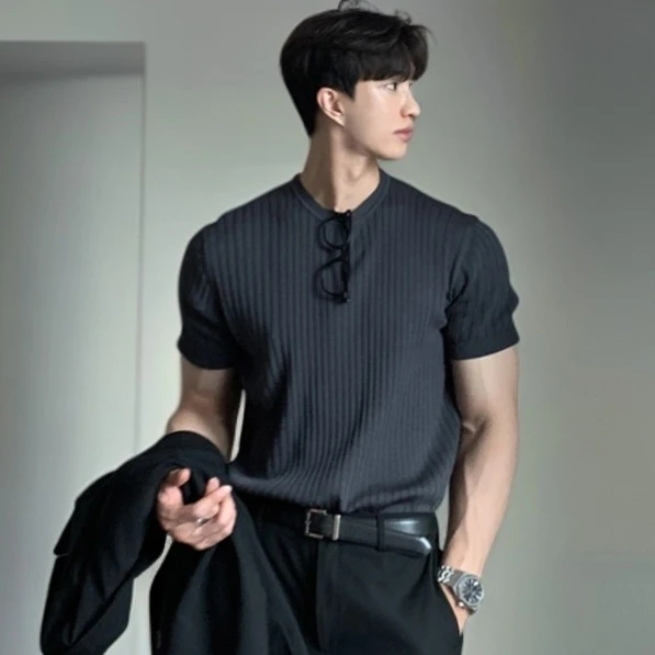 纯色短袖男士宽松潮流简约风百搭韩版ins复古针织T恤夏季休闲上衣