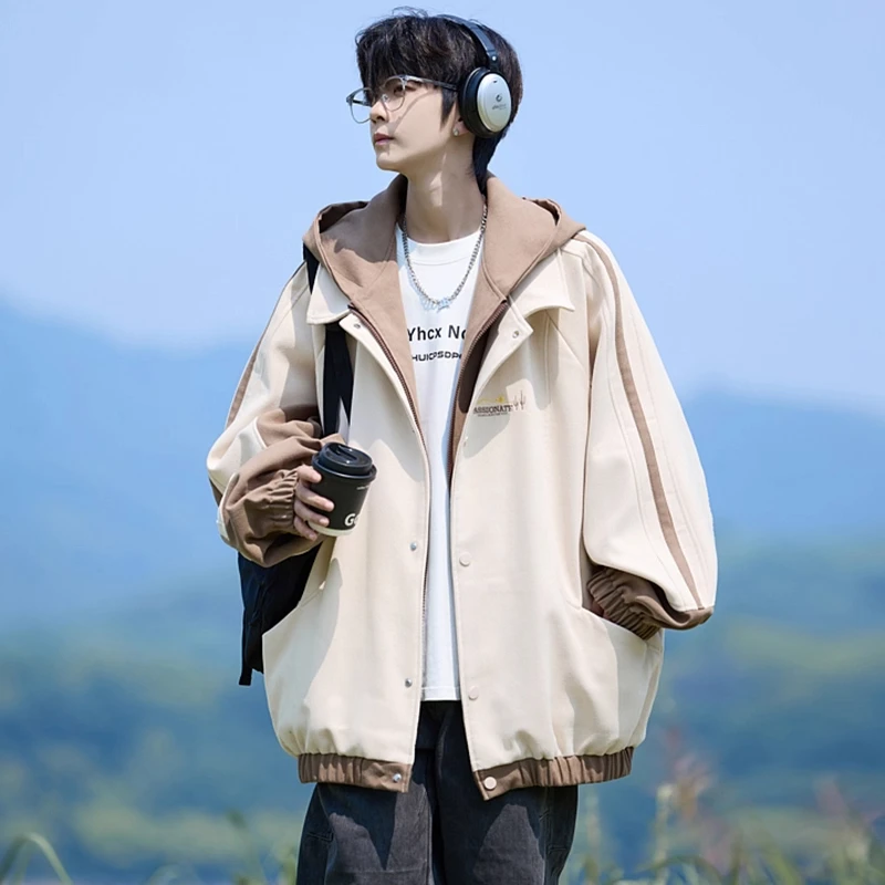 连帽外套男春秋季2025新款假两件夹克男宽松休闲帅气秋装开衫上衣