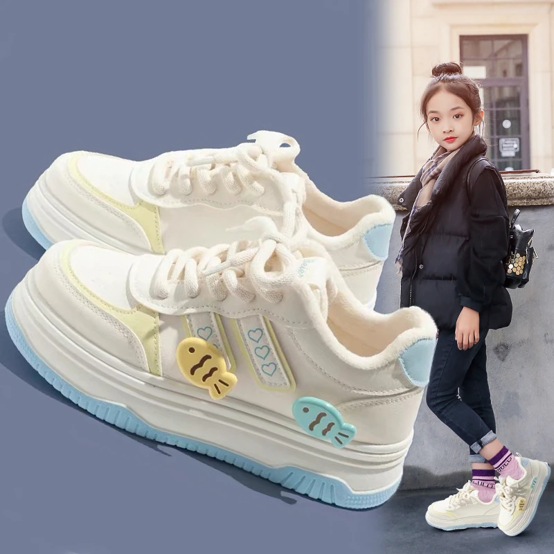 女童板鞋2025秋冬季加绒保暖儿童运动鞋软底防滑休闲百搭小白鞋冬
