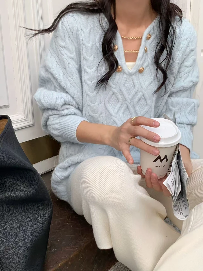 451-500轻职风包袖做旧针织立体装饰毛衣冬季百搭莫奈花园风