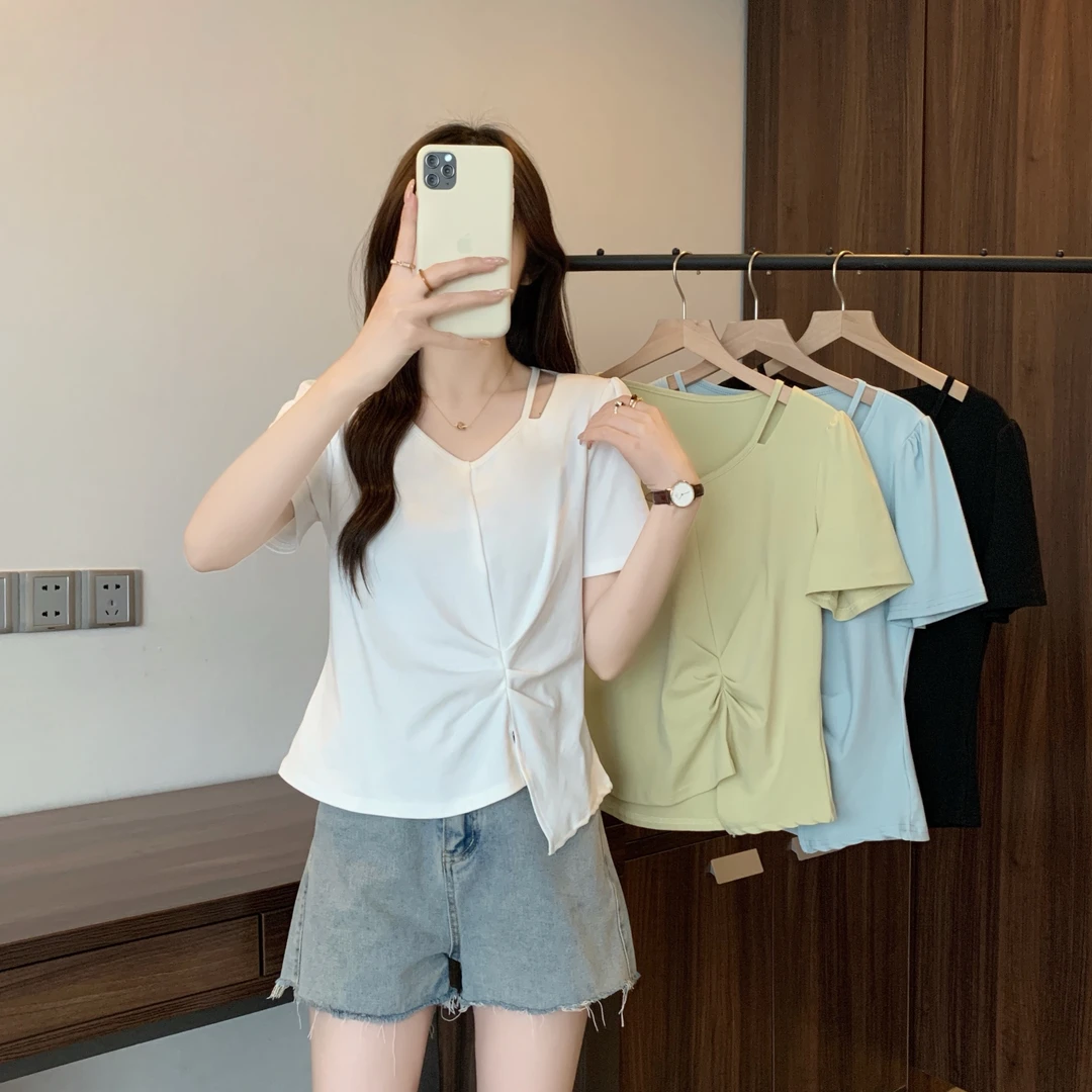 2025夏装新款大码女装不规则正肩短袖T恤设计感镂空V领上衣63988