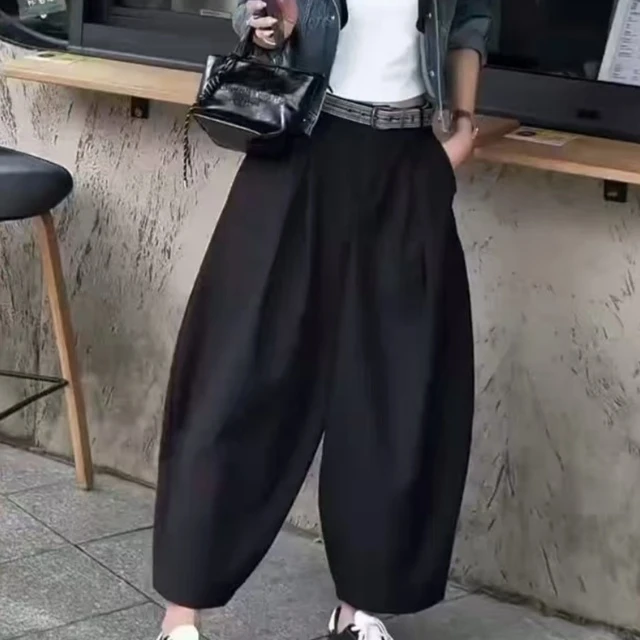 黑色宽松bf慵懒风休闲阔腿裤2025夏季新款女款弯刀裤九分哈伦裤子