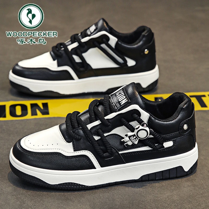【啄木鸟】正品男鞋秋季小众设计感板鞋青少年运动休闲黑白熊猫潮鞋