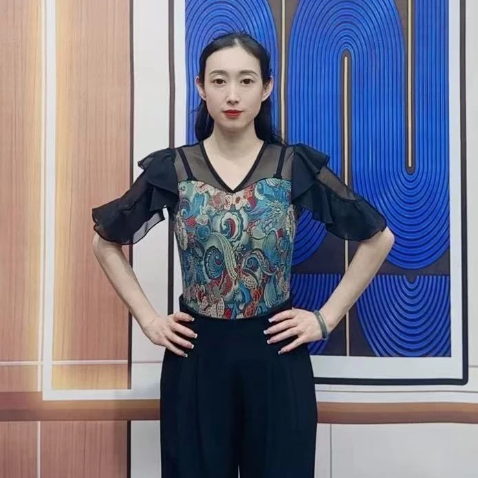 欢舞阁摩登舞吉特巴时尚国潮风女士荷叶边广场舞短袖V领舞衣A0576